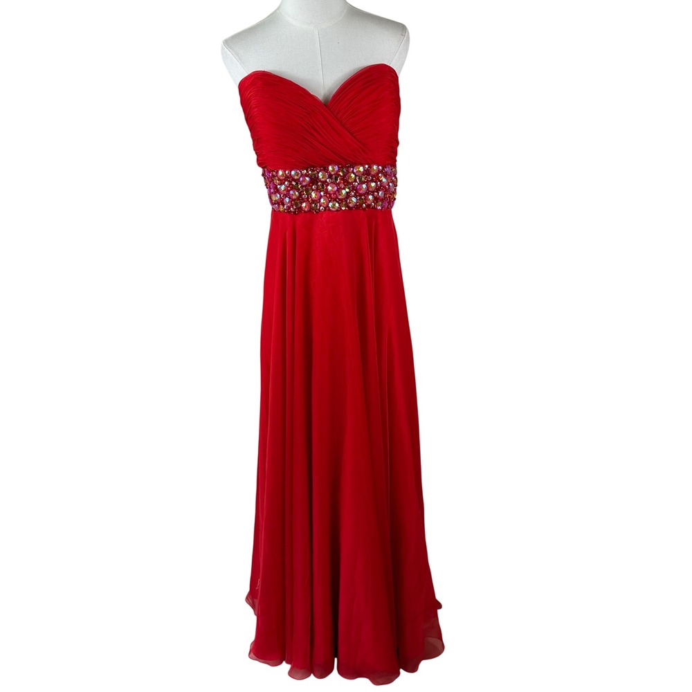Alyce Paris Gown Womens 14 Red Chiffon Beaded Strapless Prom Formal Evening NWOT